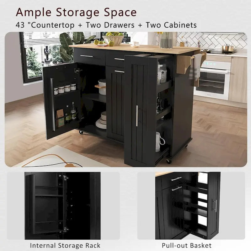 Black/White Rolling Kitchen Island Cart with Drop Leaf, 3-Tier Pull-Out Organizer & Towel Rack, 1-Person Assembly