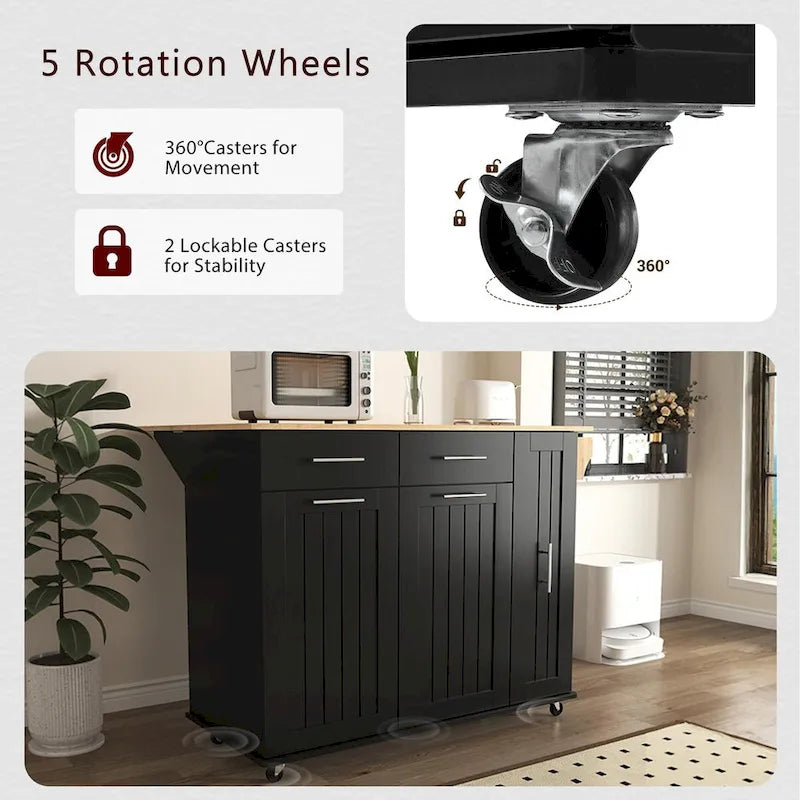 Black/White Rolling Kitchen Island Cart with Drop Leaf, 3-Tier Pull-Out Organizer & Towel Rack, 1-Person Assembly