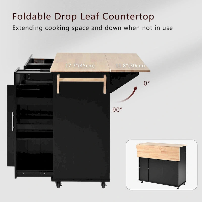 Black/White Rolling Kitchen Island Cart with Drop Leaf, 3-Tier Pull-Out Organizer & Towel Rack, 1-Person Assembly