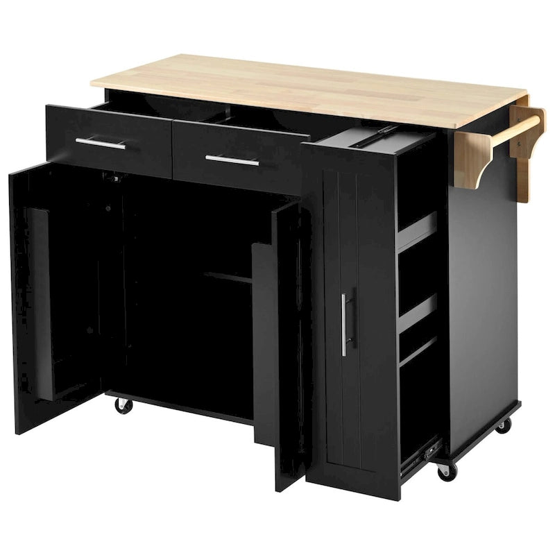 Black/White Rolling Kitchen Island Cart with Drop Leaf, 3-Tier Pull-Out Organizer & Towel Rack, 1-Person Assembly