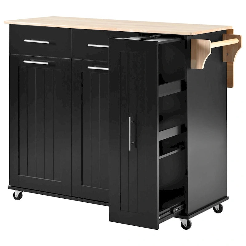 Black/White Rolling Kitchen Island Cart with Drop Leaf, 3-Tier Pull-Out Organizer & Towel Rack, 1-Person Assembly
