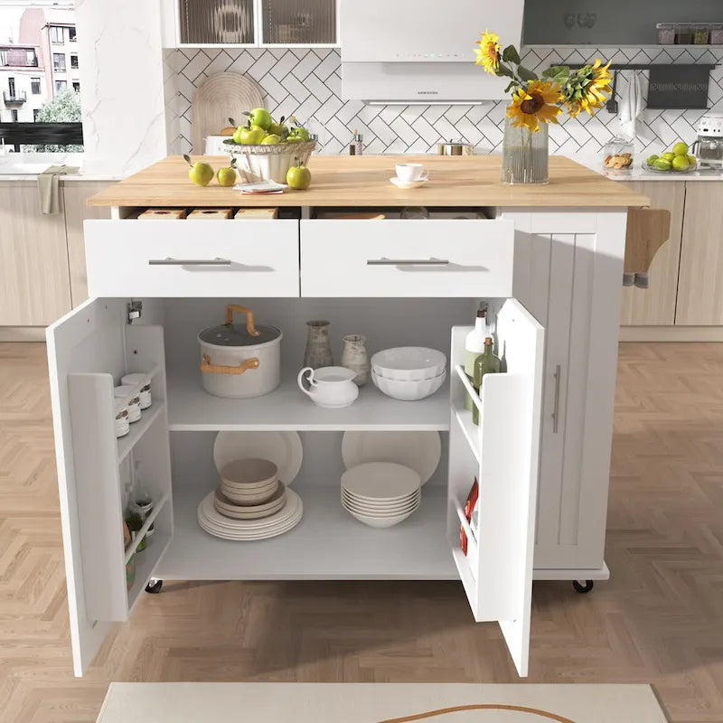 Black/White Rolling Kitchen Island Cart with Drop Leaf, 3-Tier Pull-Out Organizer & Towel Rack, 1-Person Assembly