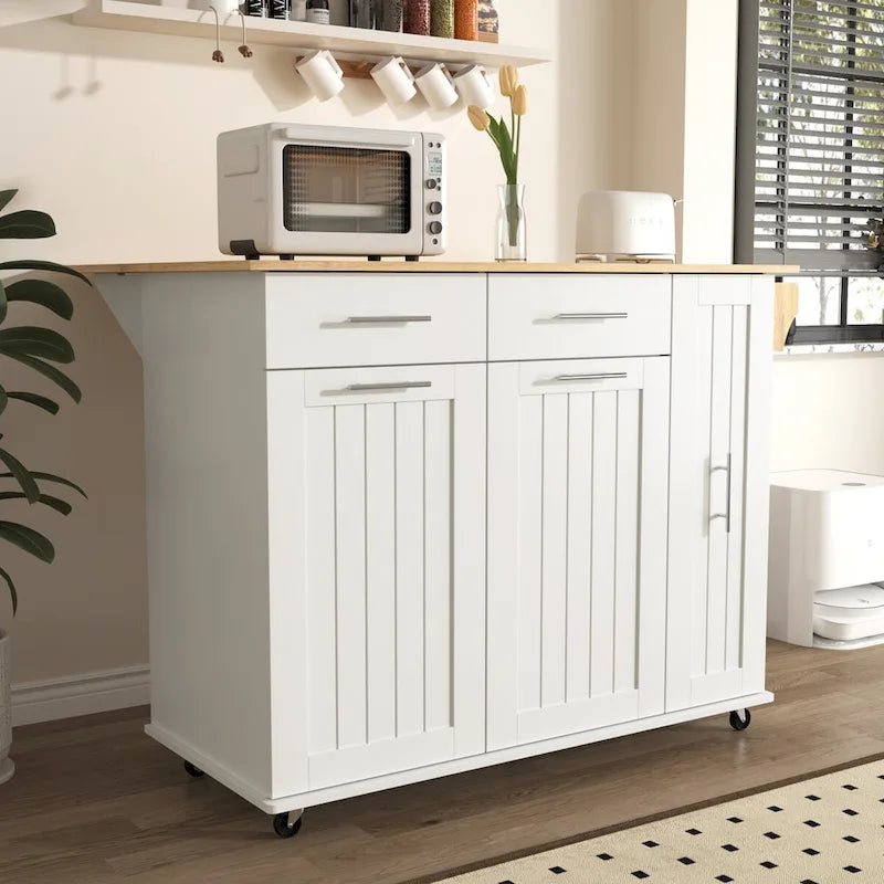 Black/White Rolling Kitchen Island Cart with Drop Leaf, 3-Tier Pull-Out Organizer & Towel Rack, 1-Person Assembly