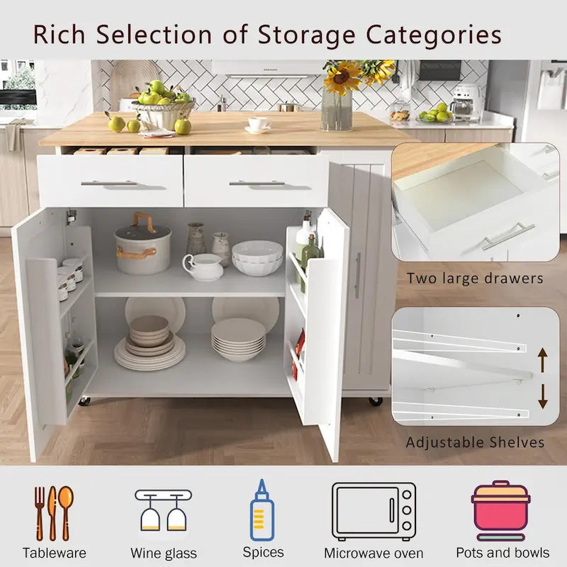 Black/White Rolling Kitchen Island Cart with Drop Leaf, 3-Tier Pull-Out Organizer & Towel Rack, 1-Person Assembly