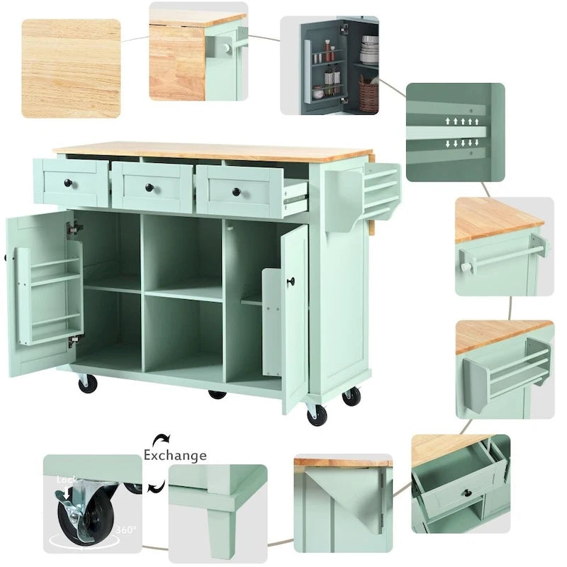 Mint Green Rolling Kitchen Cart with Wood Countertop, 1-Person