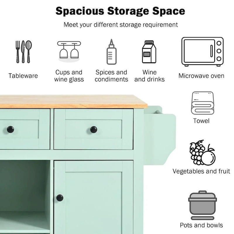 Mint Green Rolling Kitchen Cart with Wood Countertop, 1-Person