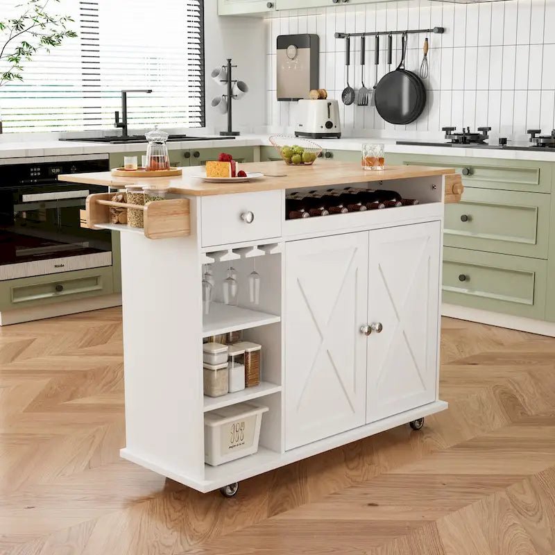 White Rolling Kitchen Island Cart with Solid Wood Top