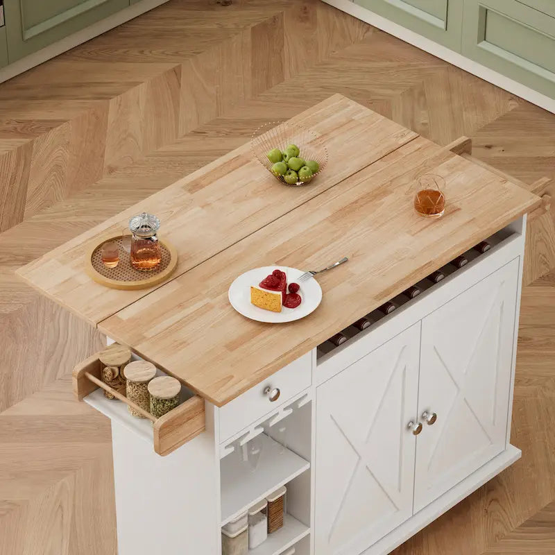 White Rolling Kitchen Island Cart with Solid Wood Top