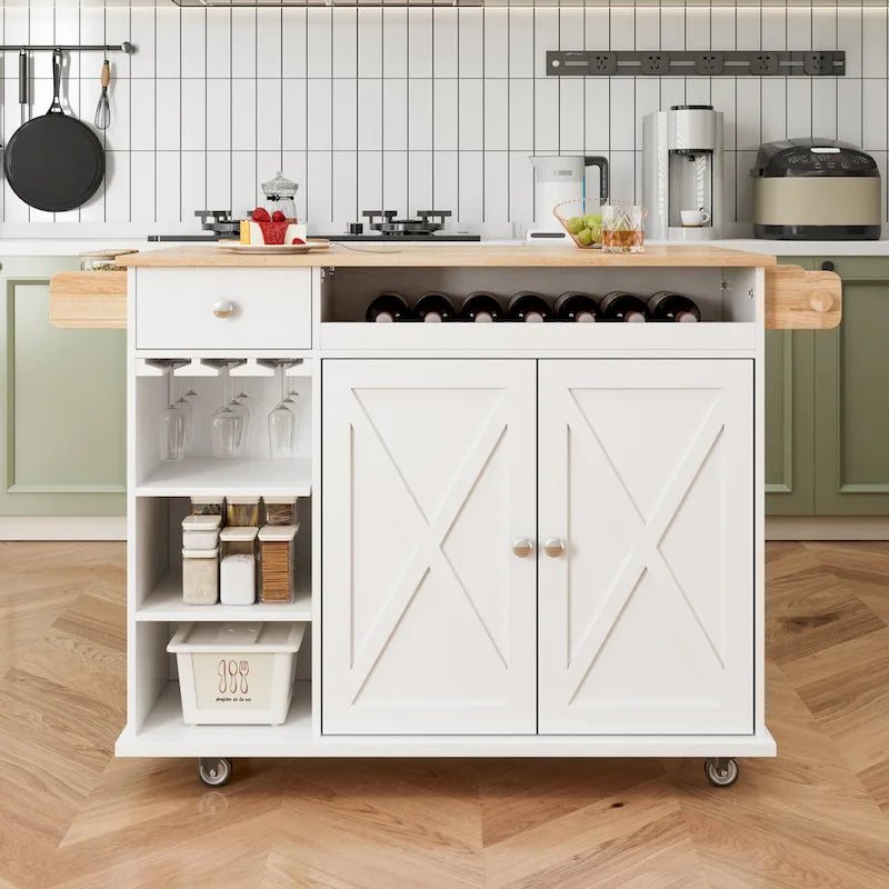 White Rolling Kitchen Island Cart with Solid Wood Top