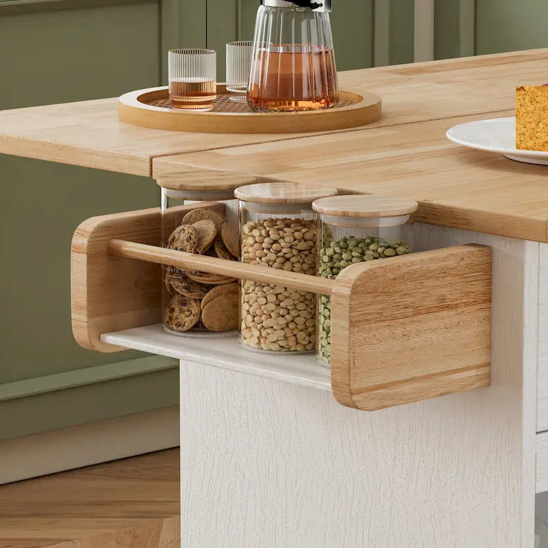 White Rolling Kitchen Island Cart with Solid Wood Top