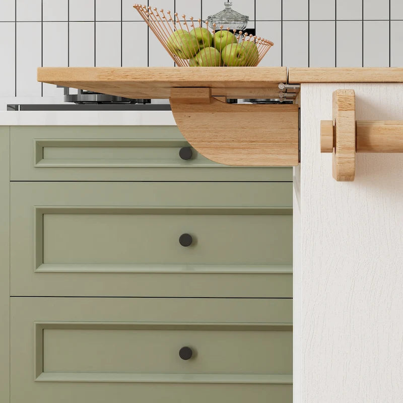 White Rolling Kitchen Island Cart with Solid Wood Top