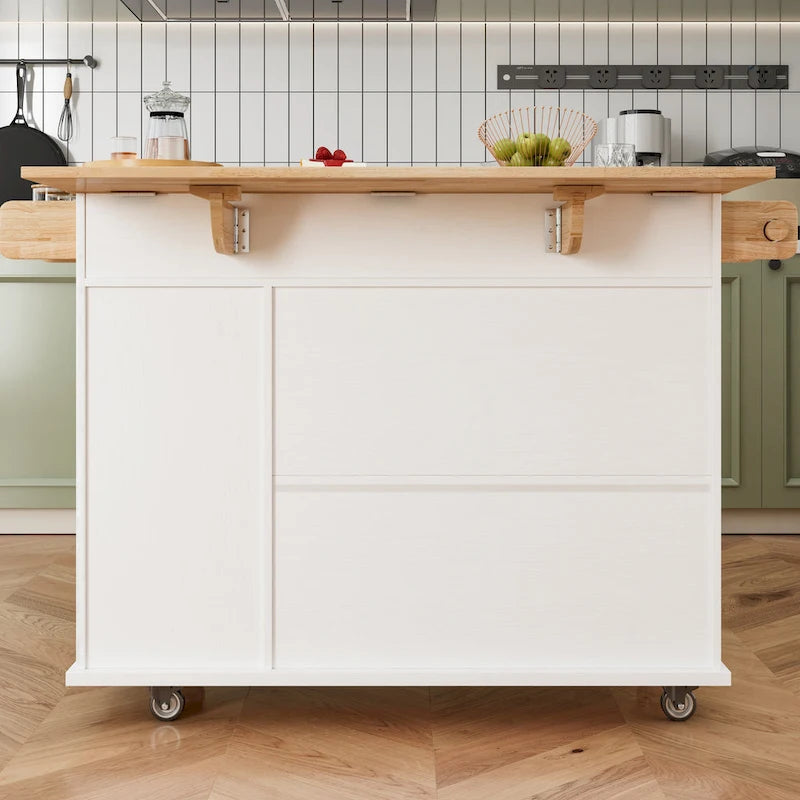 White Rolling Kitchen Island Cart with Solid Wood Top