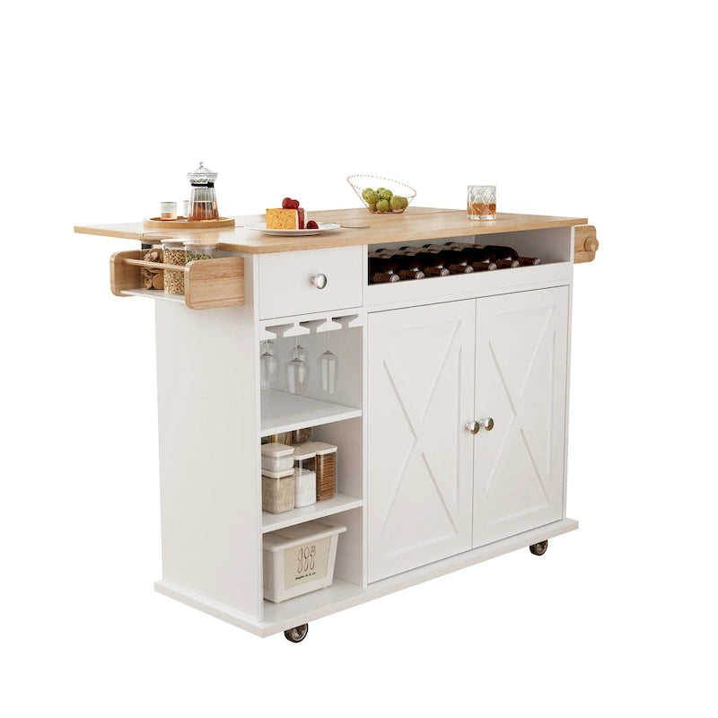 White Rolling Kitchen Island Cart with Solid Wood Top