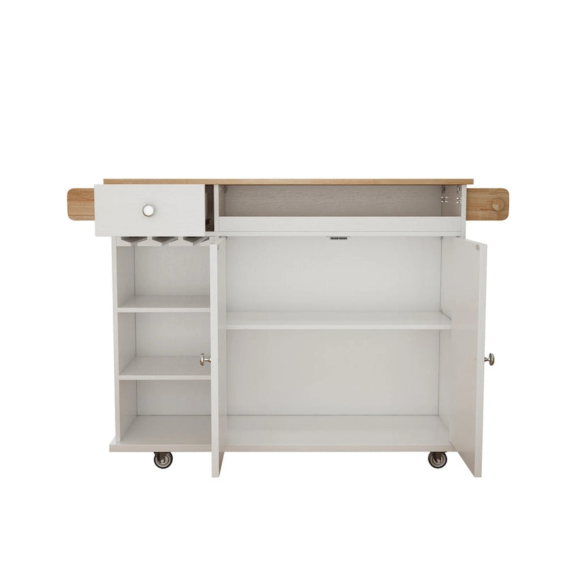 White Rolling Kitchen Island Cart with Solid Wood Top