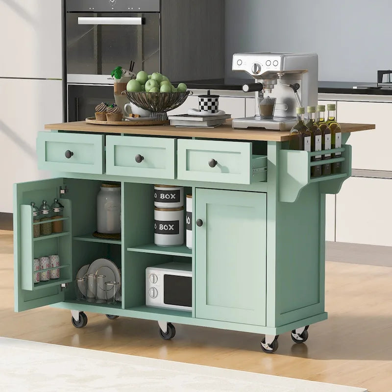 Mint Green Rolling Kitchen Cart with Drop-Leaf Countertop, for 2 – 5 Wheels