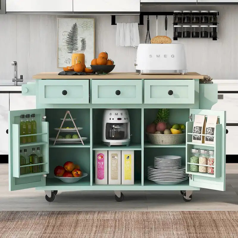 Mint Green Rolling Kitchen Cart with Drop-Leaf Countertop, for 2 – 5 Wheels