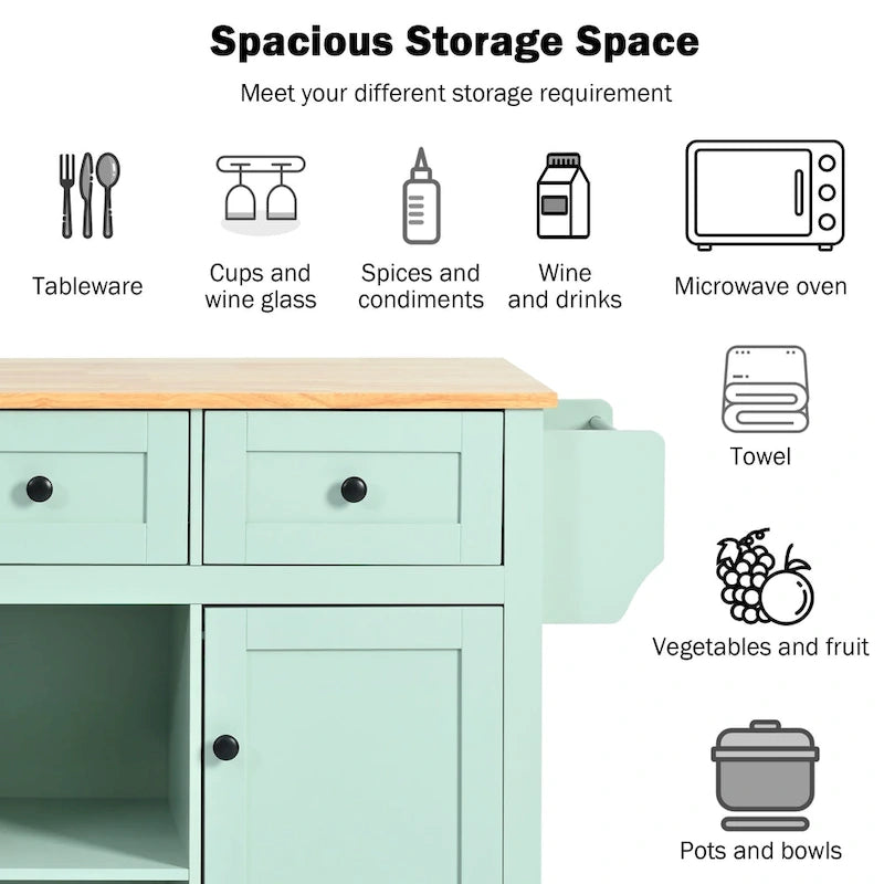 Mint Green Rolling Kitchen Cart with Drop-Leaf Countertop, for 2 – 5 Wheels