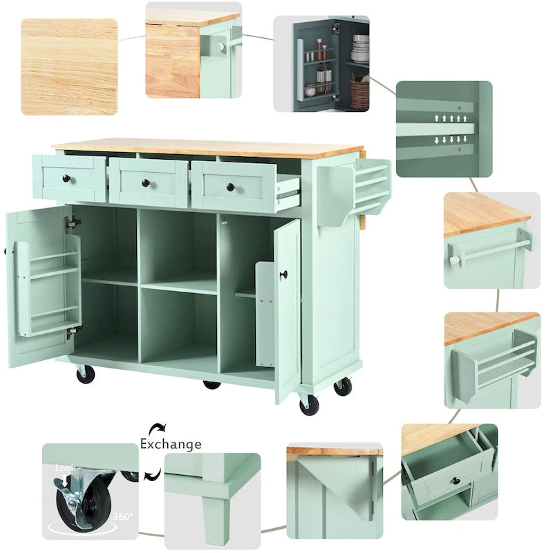 Mint Green Rolling Kitchen Cart with Drop-Leaf Countertop, for 2 – 5 Wheels