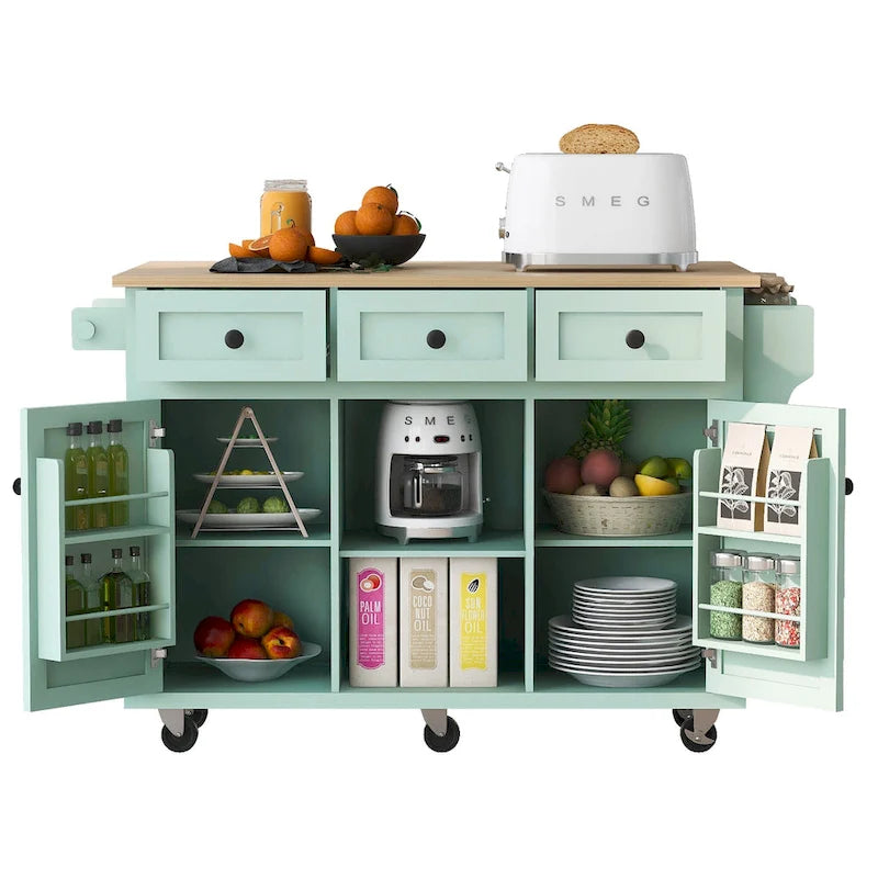 Mint Green Rolling Kitchen Cart with Drop-Leaf Countertop, for 2 – 5 Wheels