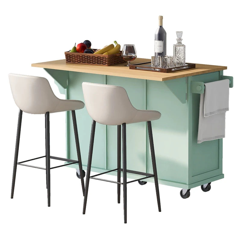 Mint Green Rolling Kitchen Cart with Drop-Leaf Countertop, for 2 – 5 Wheels