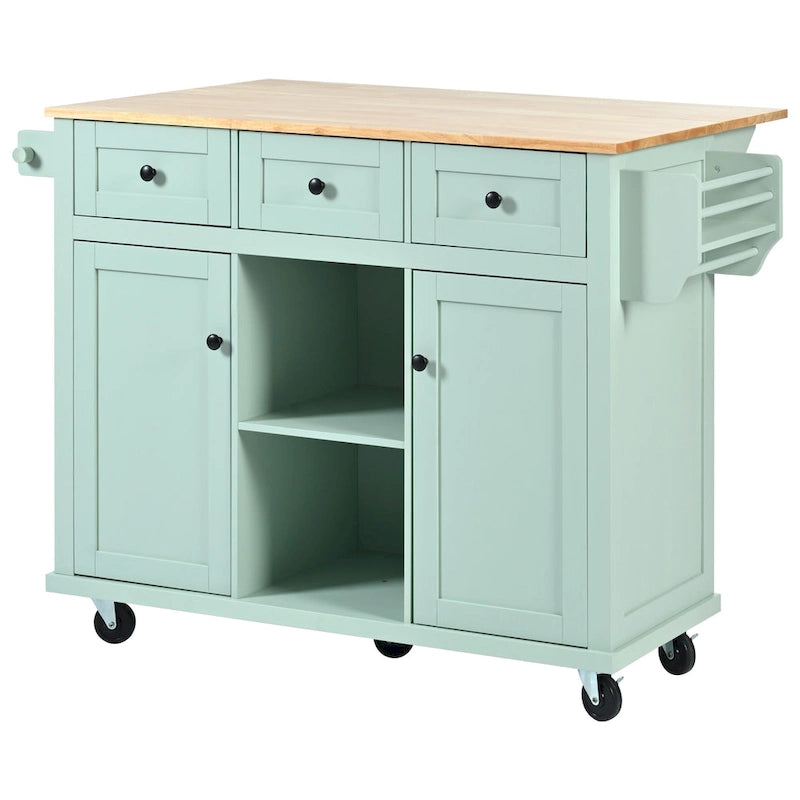Mint Green Rolling Kitchen Cart with Drop-Leaf Countertop, for 2 – 5 Wheels