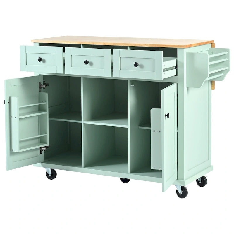 Mint Green Rolling Kitchen Cart with Drop-Leaf Countertop, for 2 – 5 Wheels